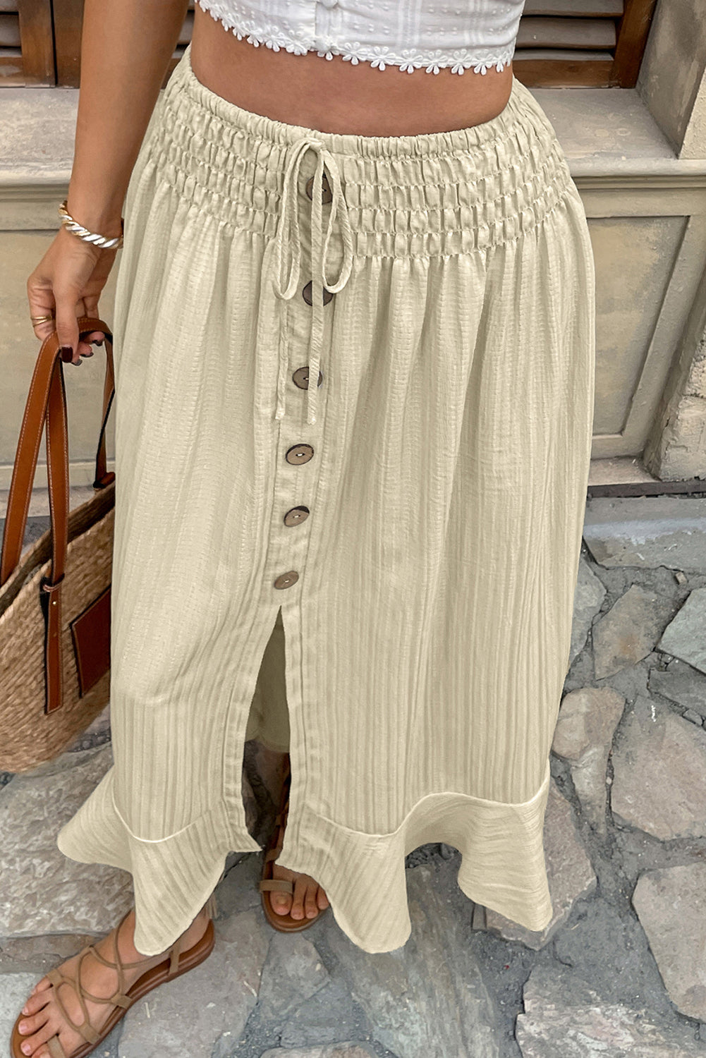 Apricot Drawstring Waist Button Split Skirt