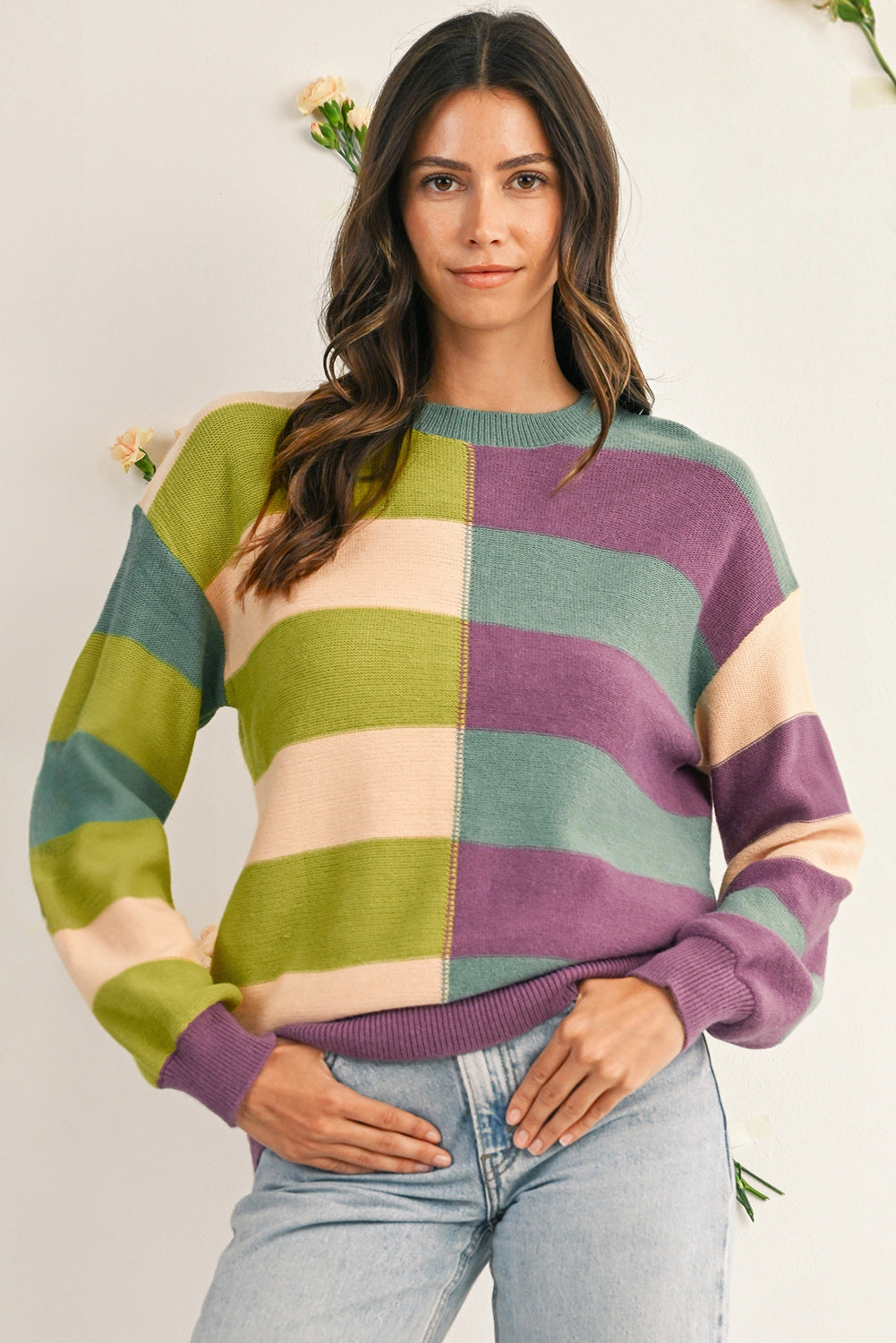 Green Stripe Colorblock Drop Shoulder Ribbed Edge Sweater