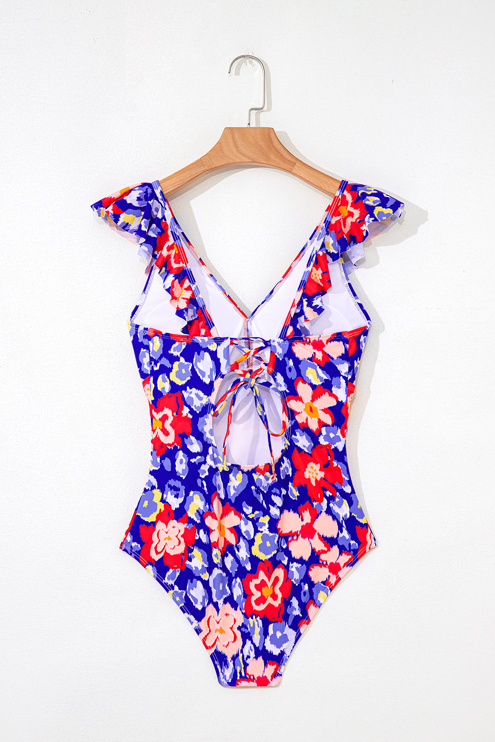 Blue Floral Ruffle Trim V Neck Backless One Piece Swimsuit