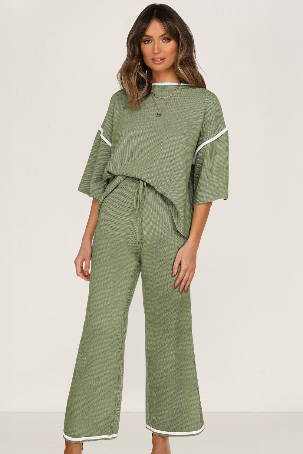 Guacamole Green Loose Contrast Trim Half Sleeve Top and Drawstring Pants Set