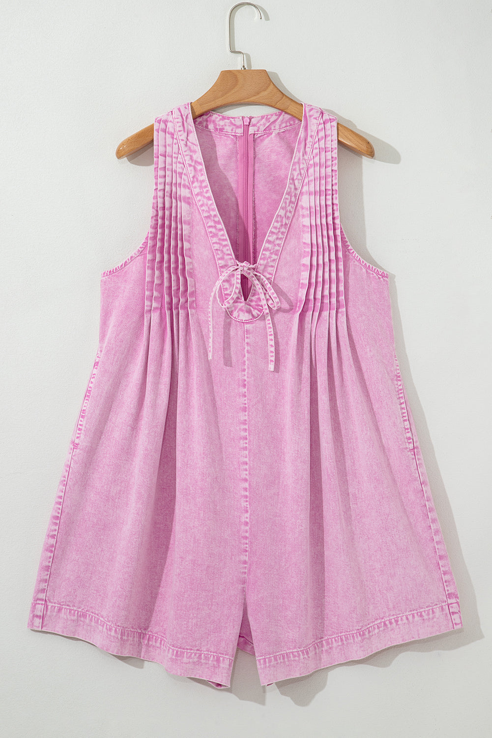 Bonbon Mineral Wash Knot V Neck Pleated Denim Romper