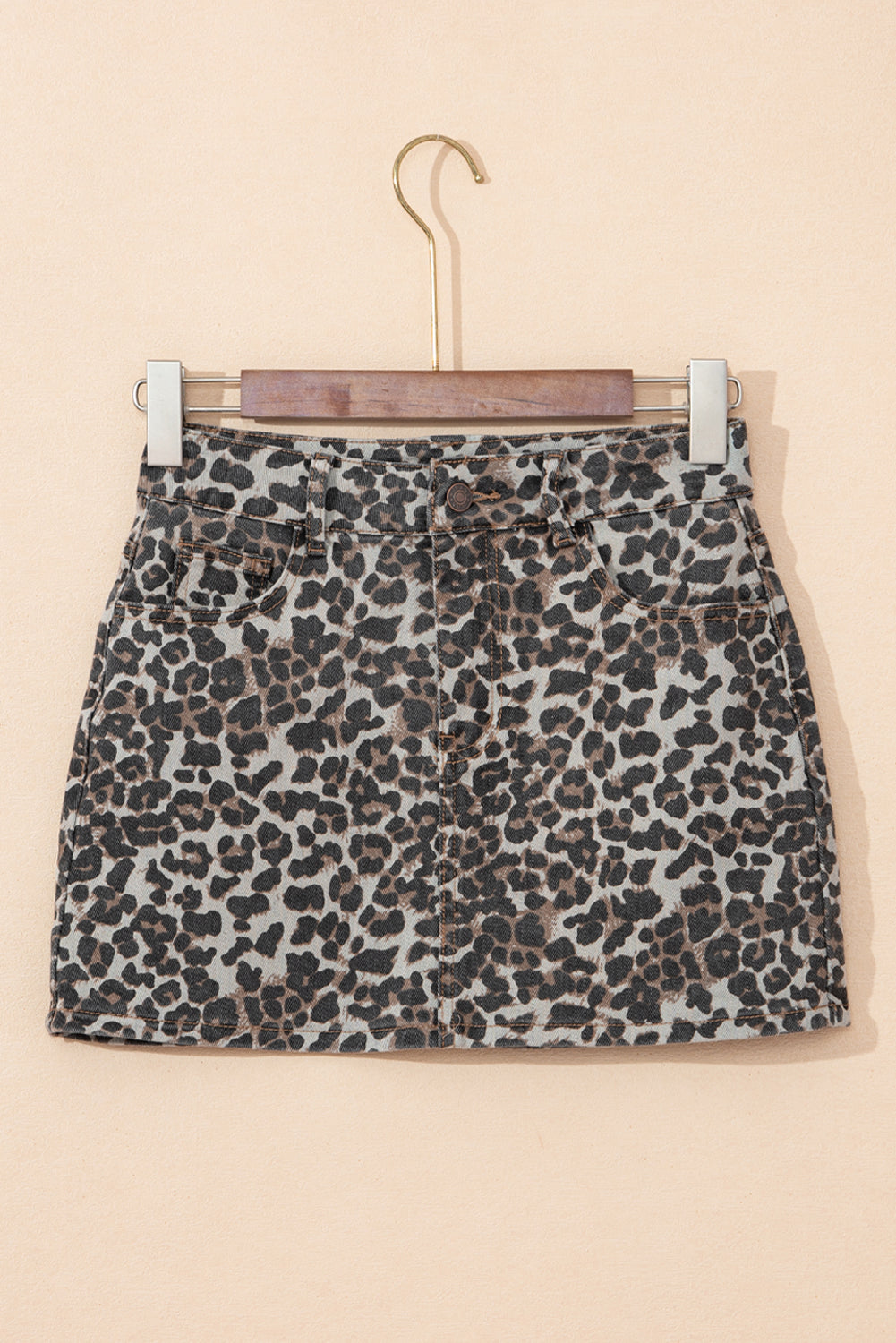 Khaki Allover Leopard Print Denim Mini Skirt
