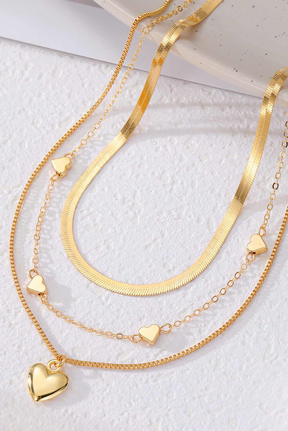 Gold 3pcs Heart Pendant Snake Chain Necklace Set