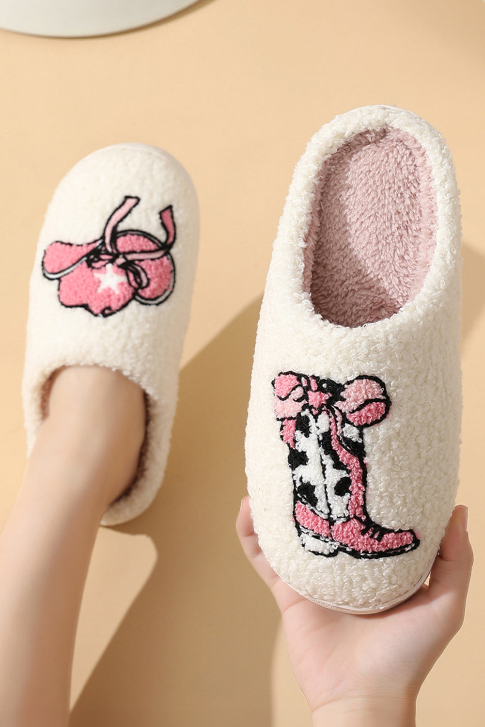 White Hat & Boot Printed Plush Thermal Home Slippers