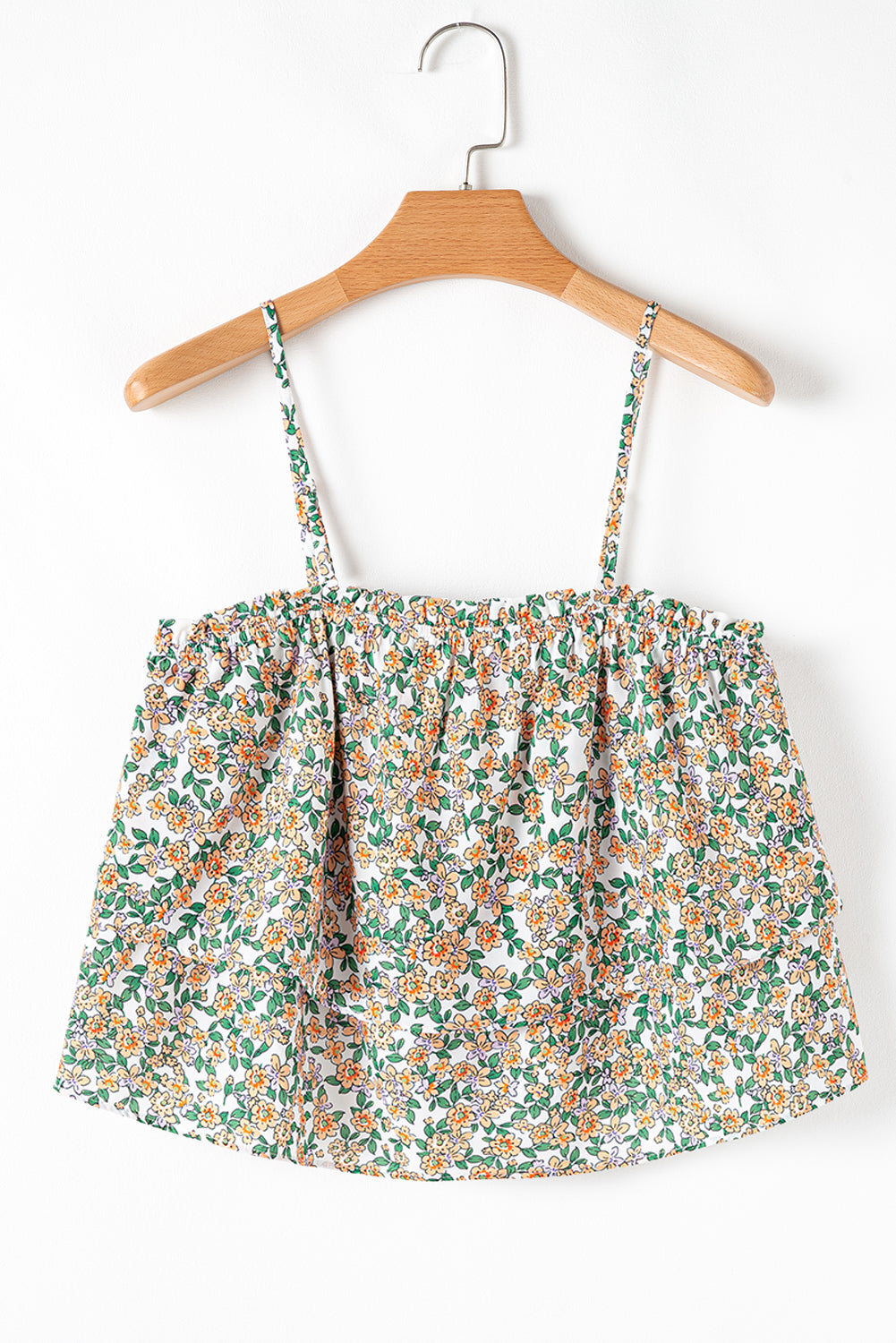 White Boho Floral Spaghetti Strap Ruffle Summer Cami Top