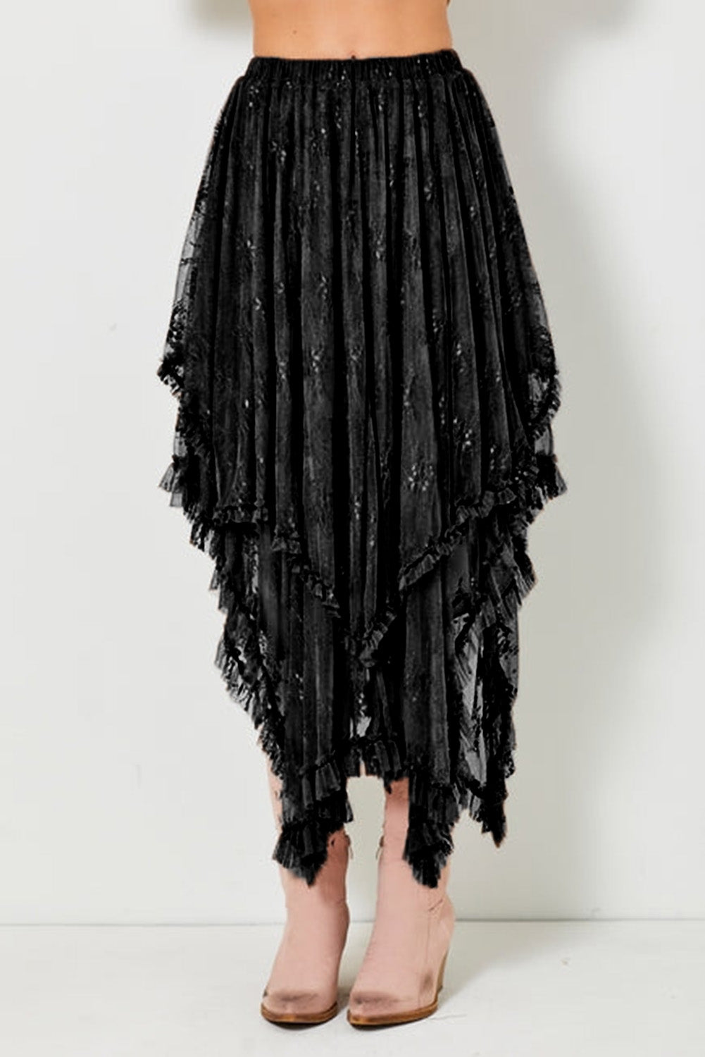 Black Lace Cascading Tiered High Waist Maxi Skirt