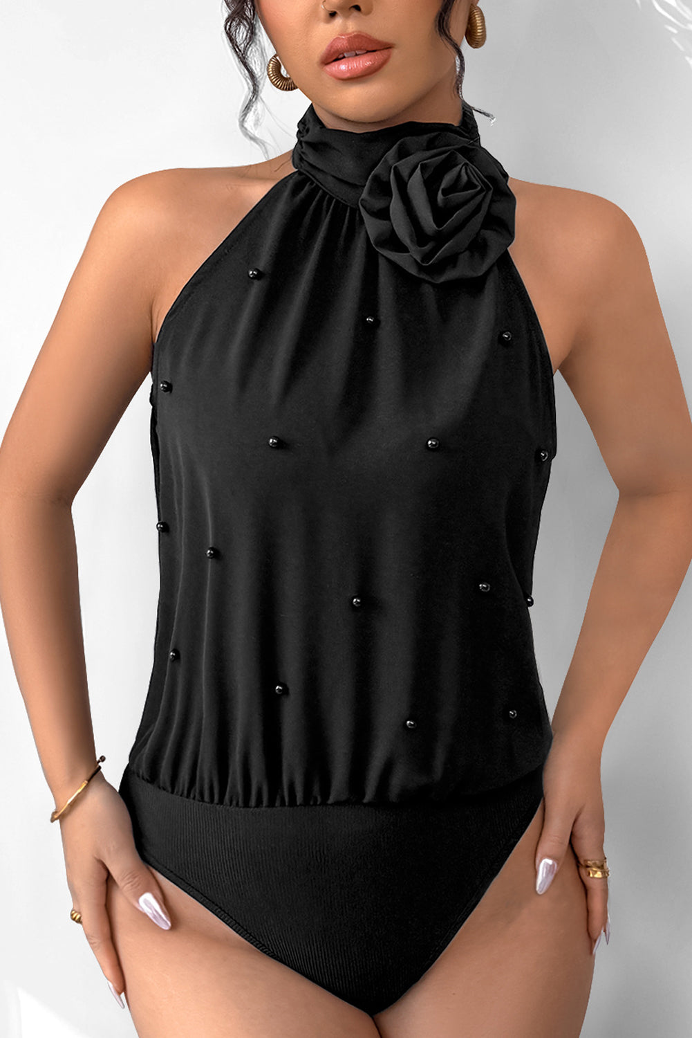 Black Beaded Decor Flower Halter Bodysuit