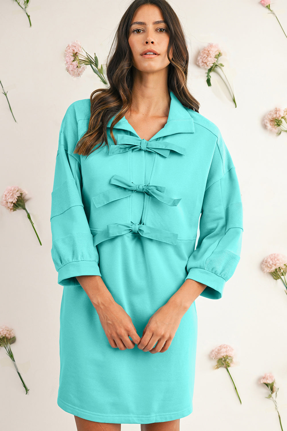 Moonlight Jade Bow Front Patchwork Bracelet Sleeve Mini Dress