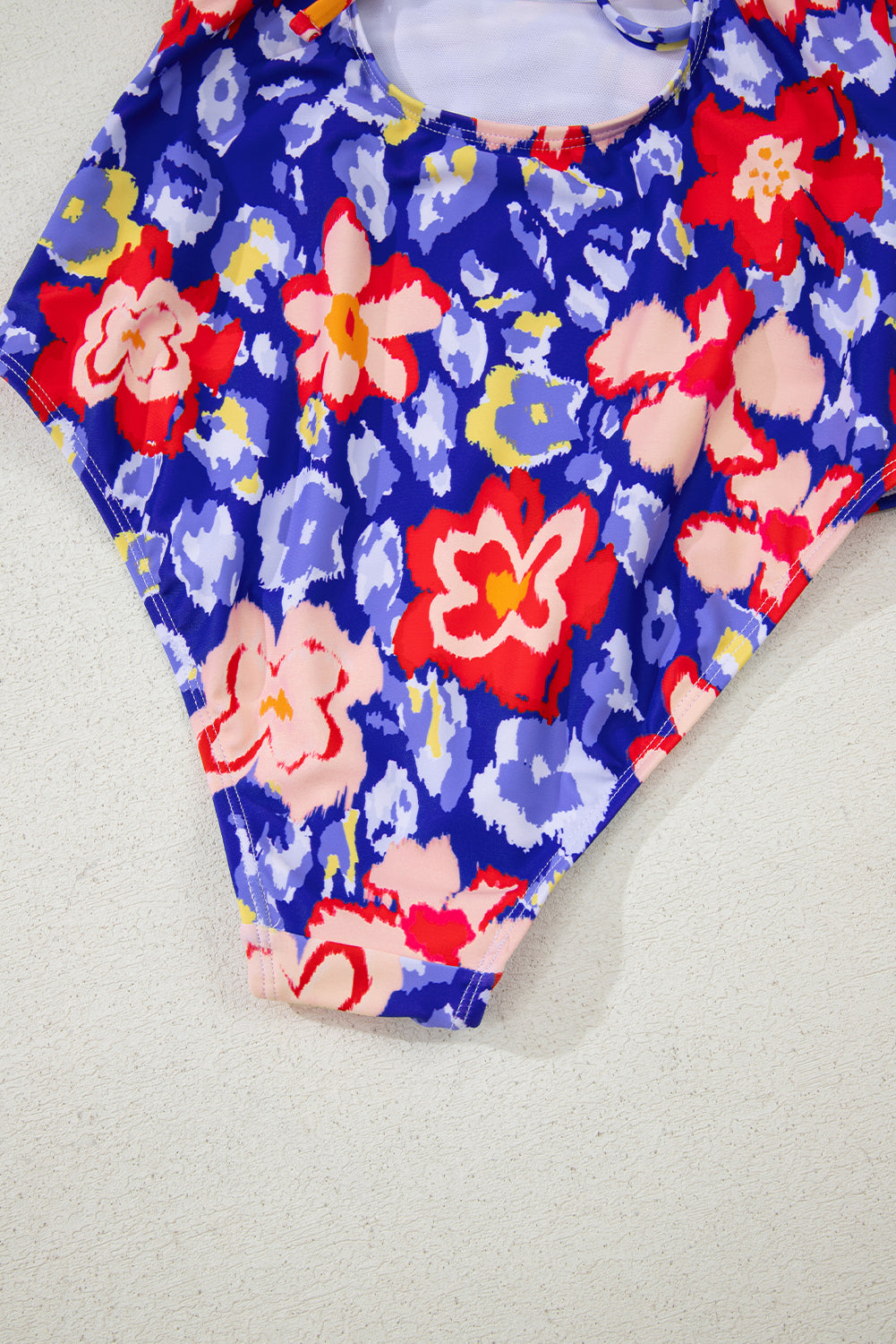 Blue Floral Ruffle Trim V Neck Backless One Piece Swimsuit