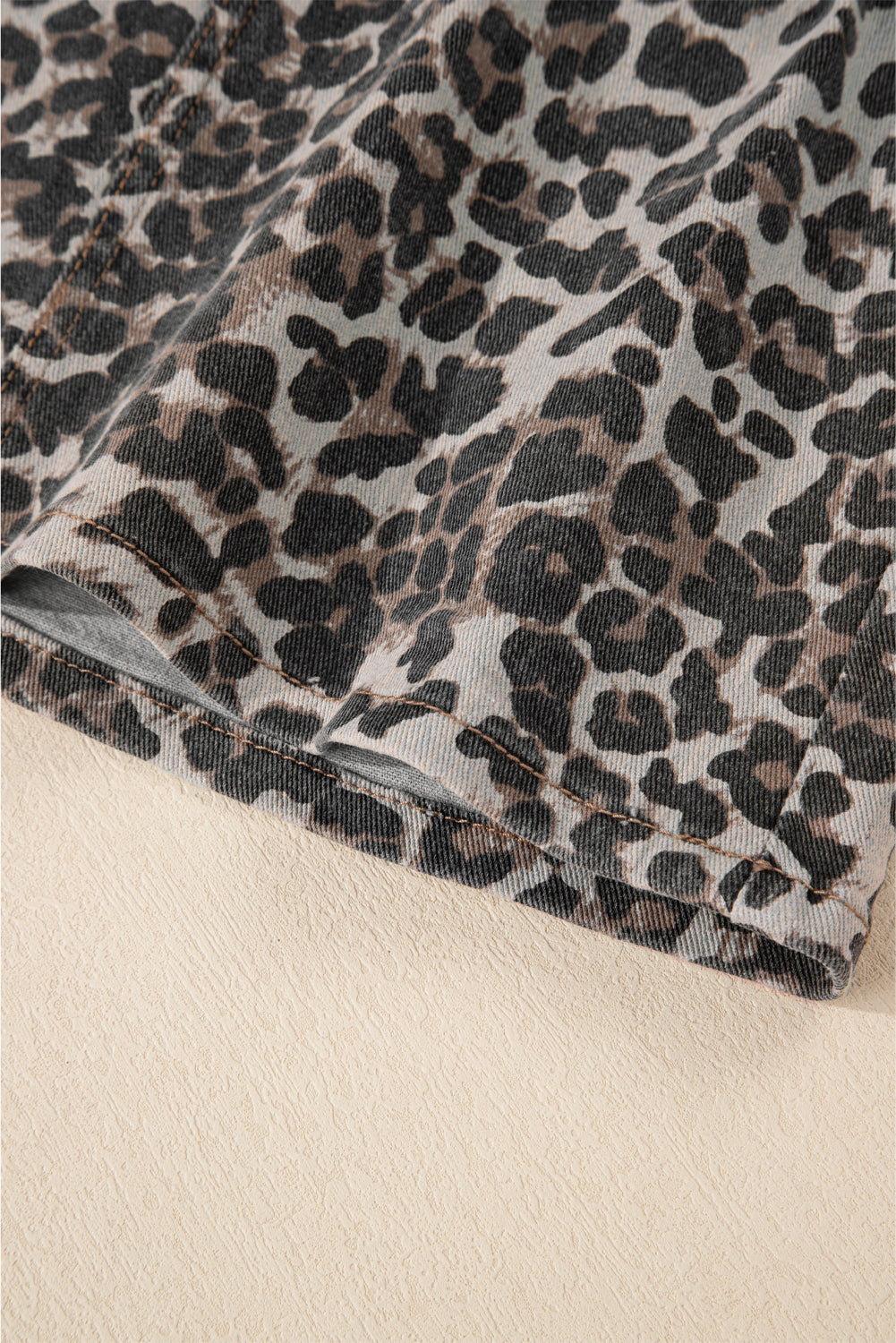 Khaki Allover Leopard Print Denim Mini Skirt