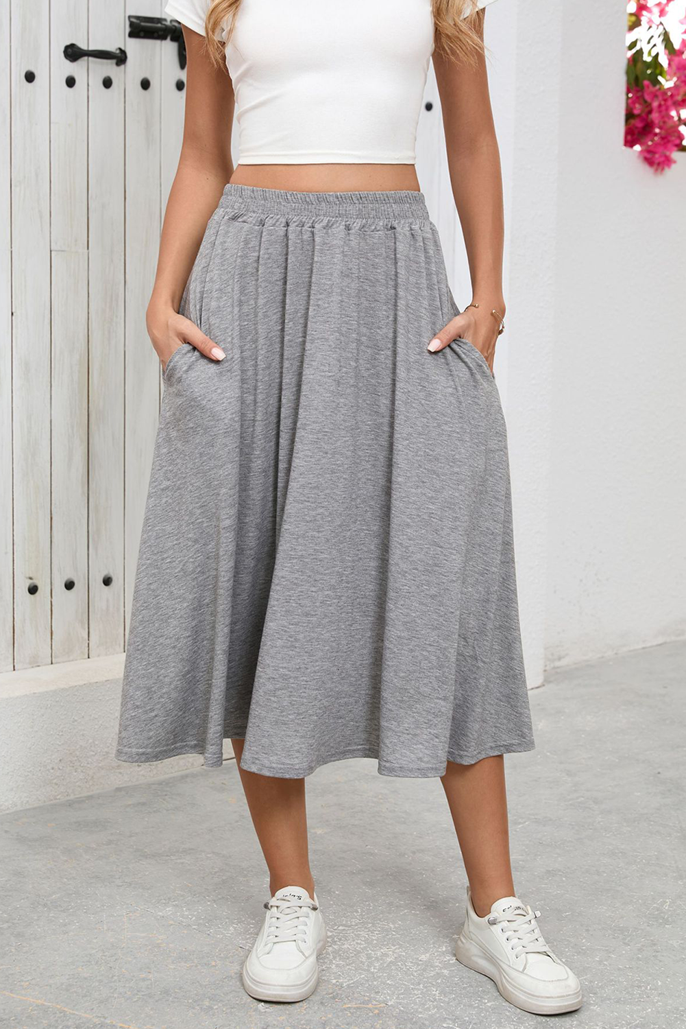 Gray High Waist Large Hem Draped Casual Midi Skirt