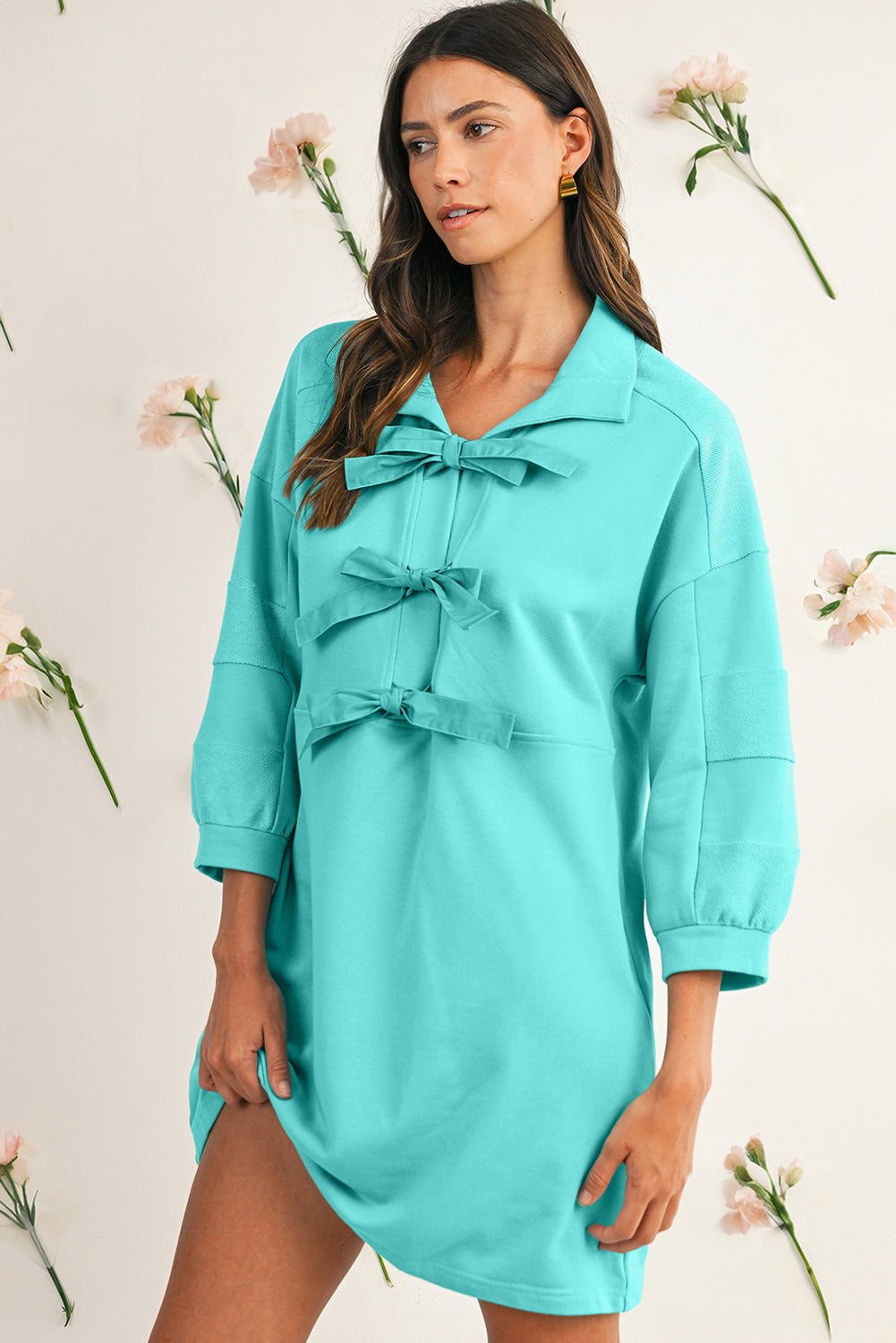 Moonlight Jade Bow Front Patchwork Bracelet Sleeve Mini Dress
