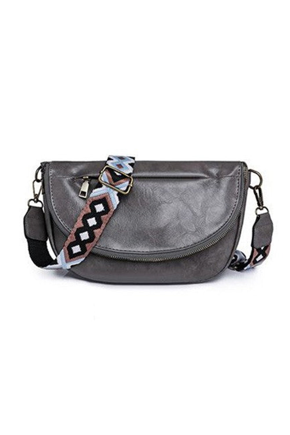 Black Wide Strap Zipper PU Leather Crossbody Bag