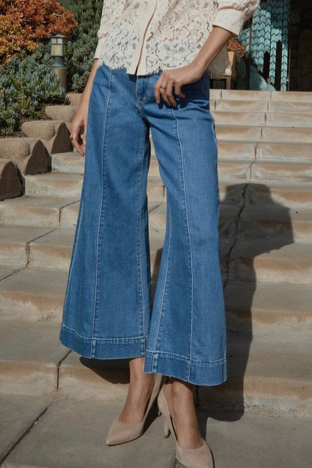 Dark Blue Plain Seam Detail Flared Bottom Ankle Length Jeans