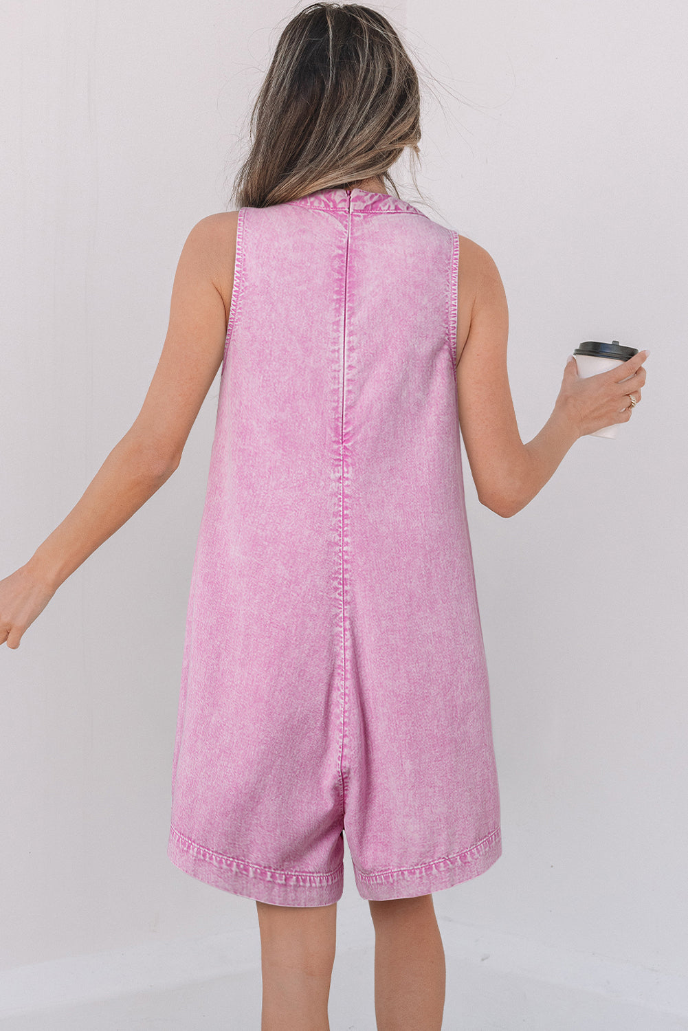 Bonbon Mineral Wash Knot V Neck Pleated Denim Romper