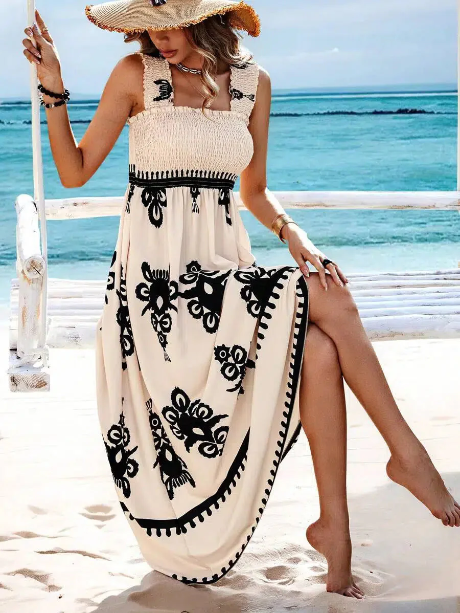 Apricot Boho Print Smocked Ruffle Sleeveless Maxi Dress