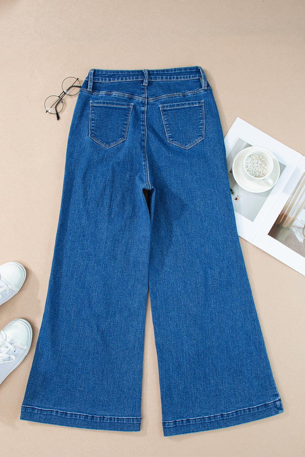 Dark Blue Plain Seam Detail Flared Bottom Ankle Length Jeans