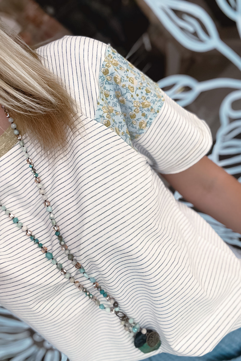 White Striped Floral Patchwork Sleeves Contrast Round Neck T Shirt