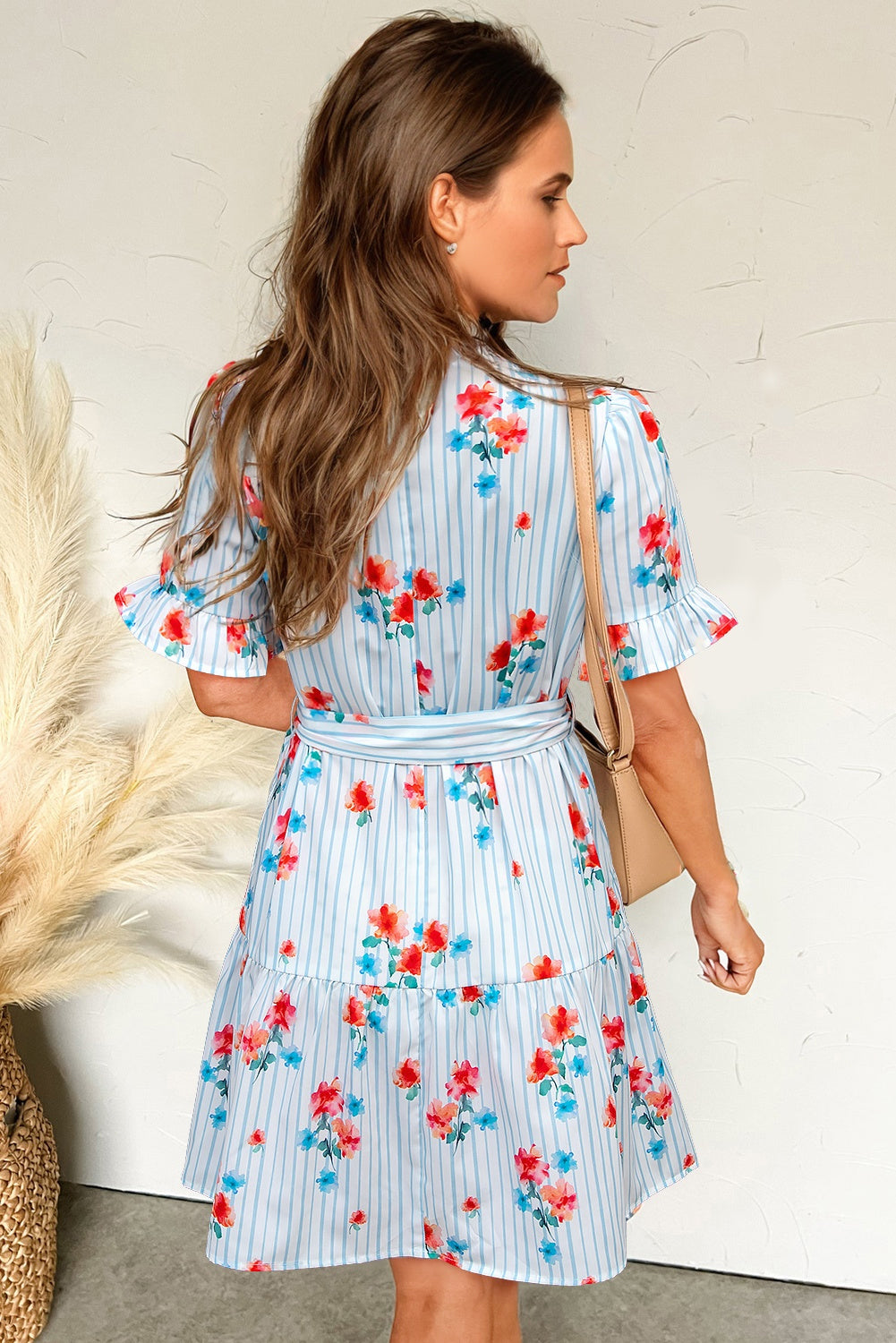 Sky Blue Striped Floral Print Ruffle Belted Mini Dress