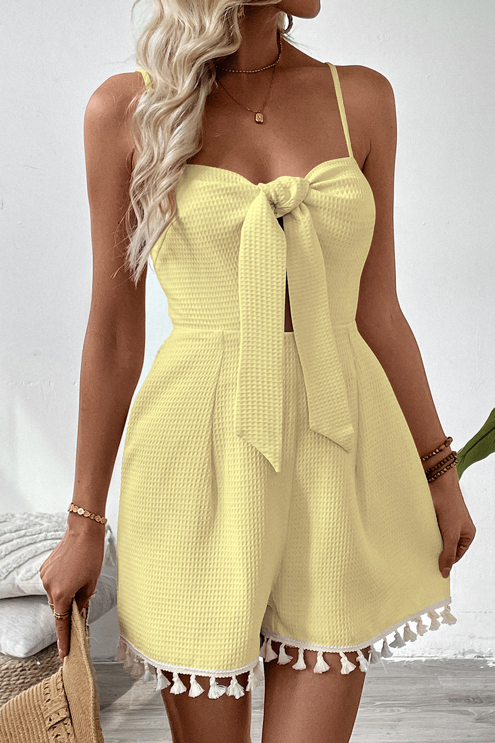 Yellow Cream Spaghetti Strap Fringed Hem Romper