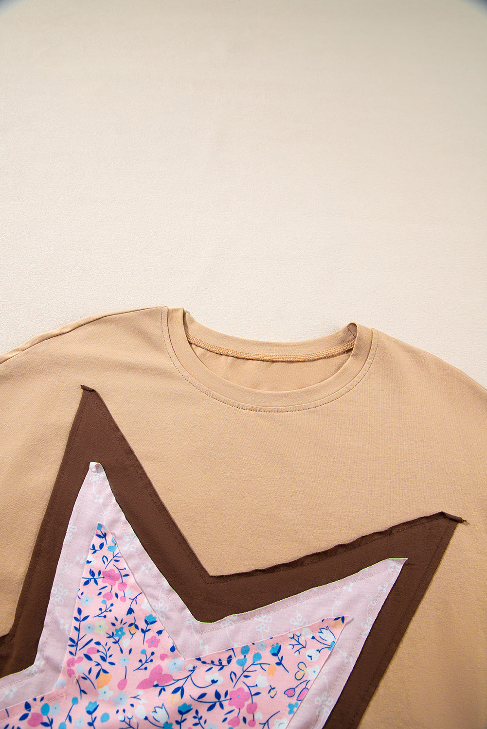 Camel Floral Star Patched 3/4 Sleeve T Shirt