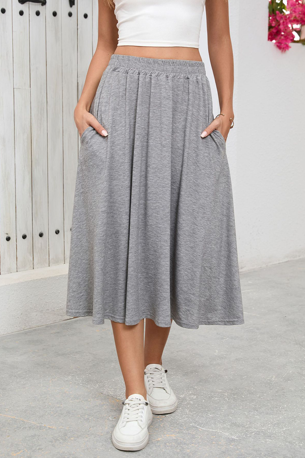 Gray High Waist Large Hem Draped Casual Midi Skirt