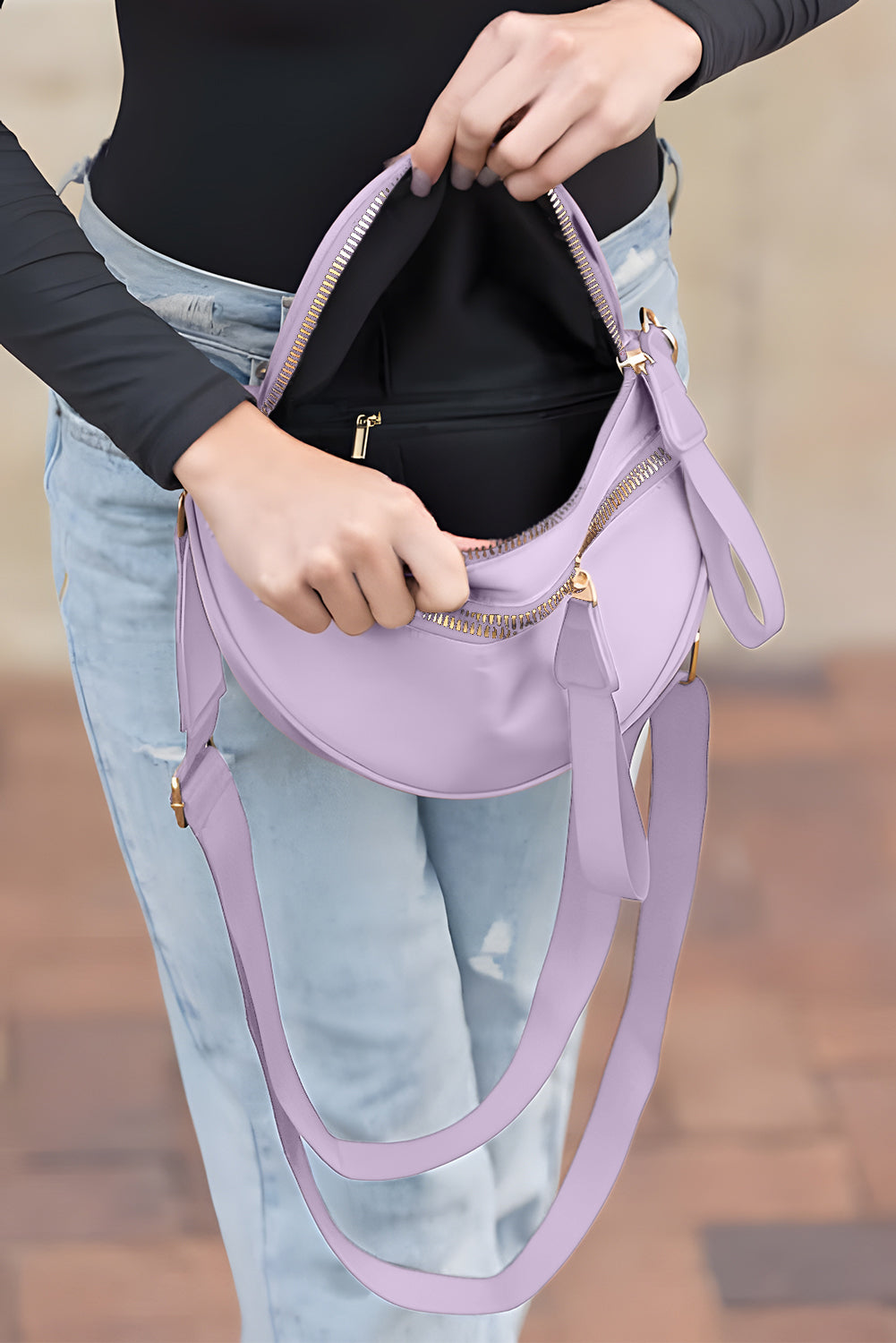Wisteria Wide Strap Double Zipper Crossbody Bag