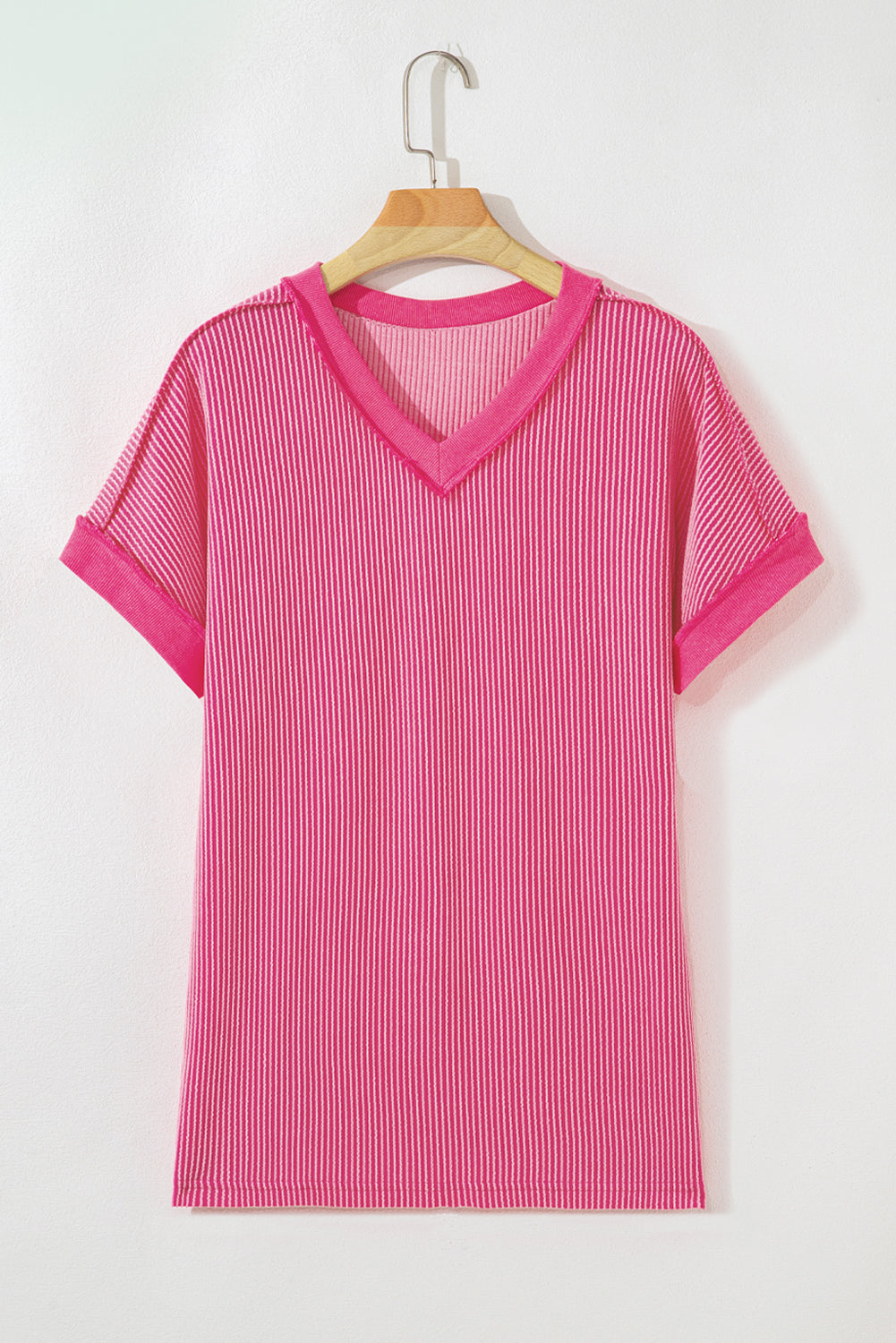 Rose Red Twisted Ribbed Knit Patchwork V Neck Casual Tee