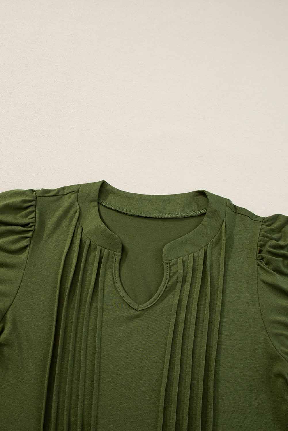 Fern Green Notched Neck Puff Sleeve Pleated T Shirt Dress