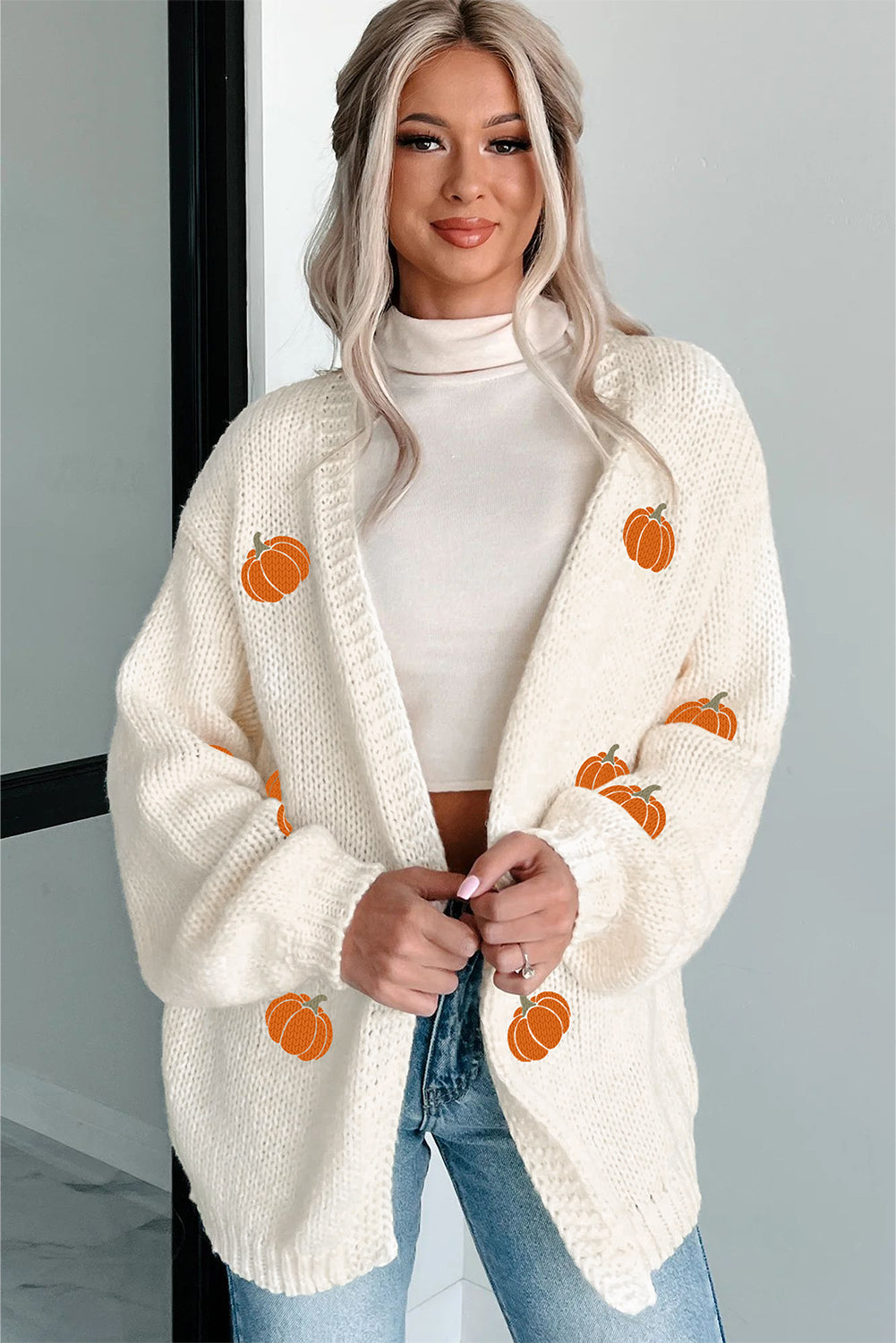 White Pumpkin Print Open Front Drop Shoulder Knit Cardigan