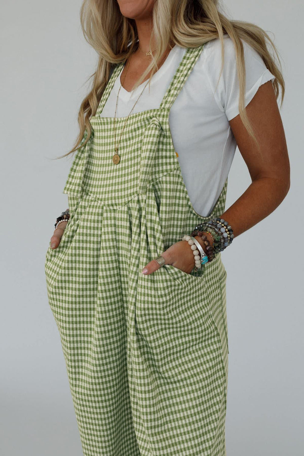 Green Gingham Wide Leg Pockets Loose Overall