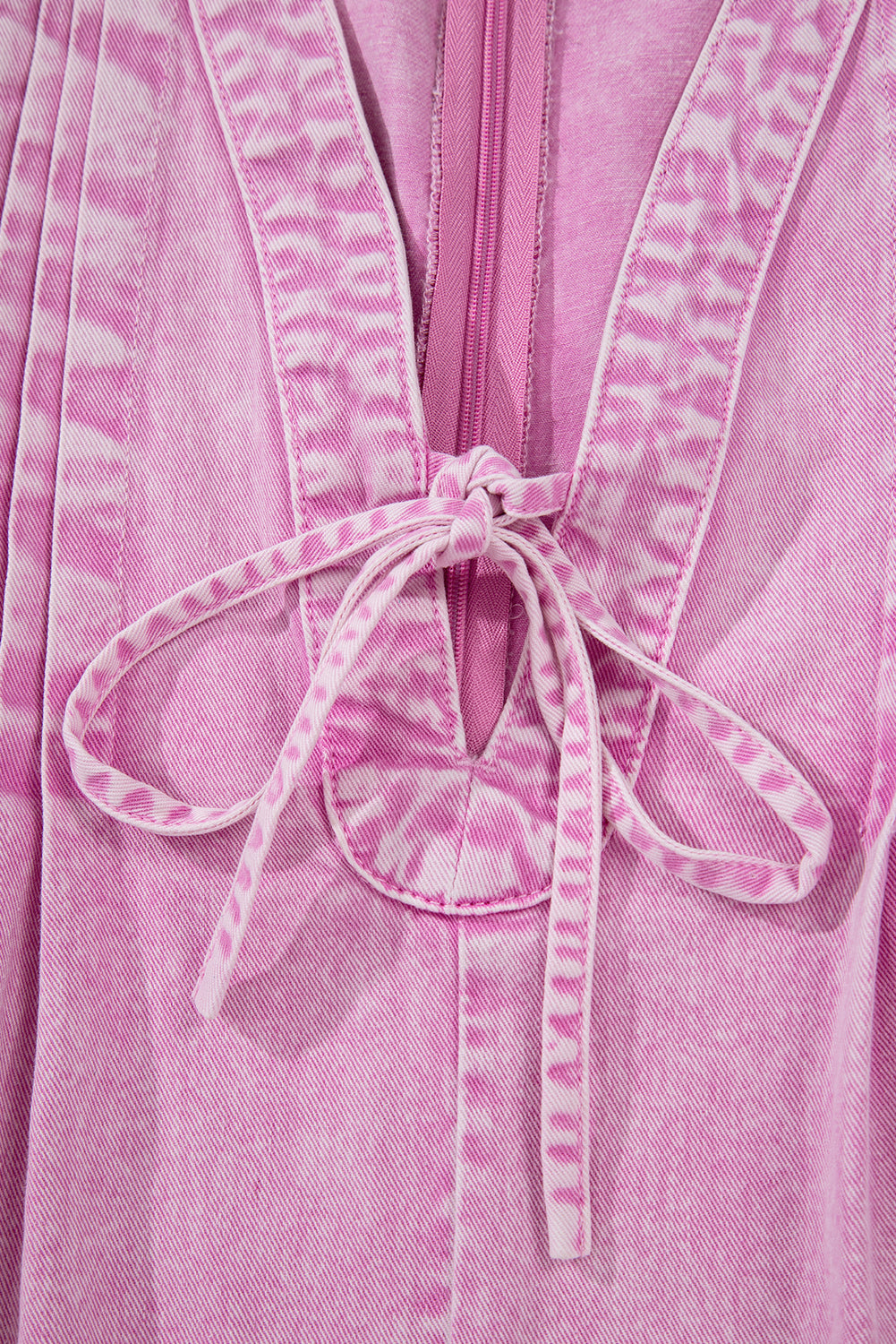 Bonbon Mineral Wash Knot V Neck Pleated Denim Romper
