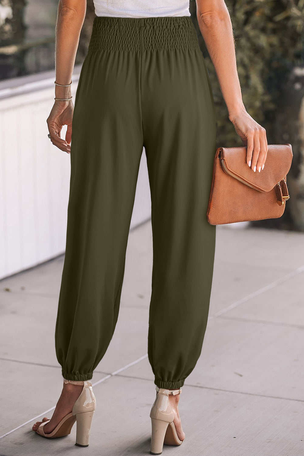 Jungle Green Pocketed Shirred High Waist Joggers