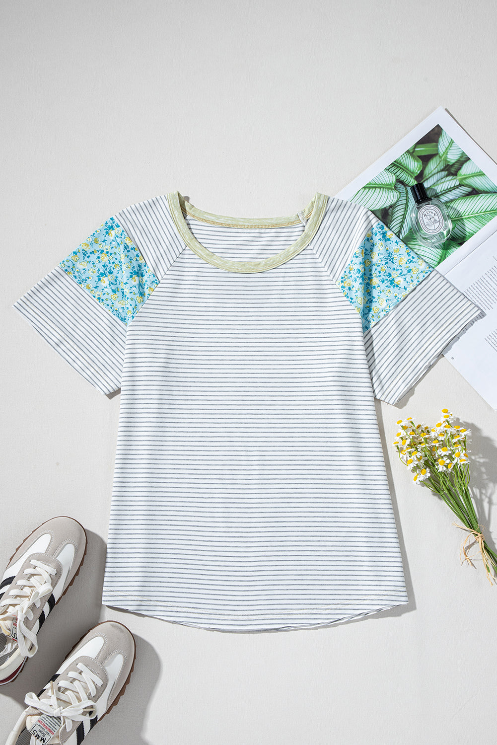 White Striped Floral Patchwork Sleeves Contrast Round Neck T Shirt