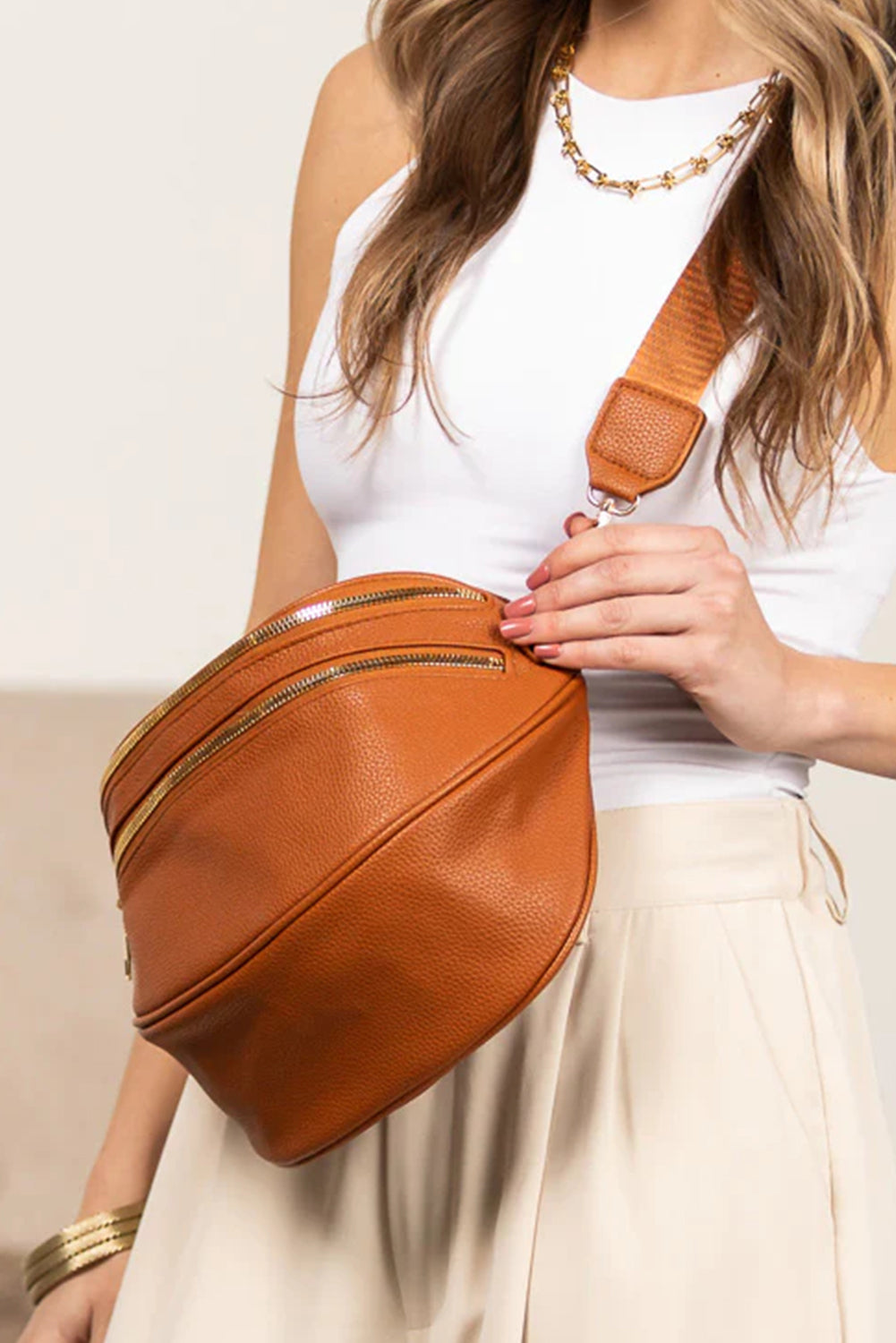 Cinnamon PU Leather Double Zipper Crossbody Bag
