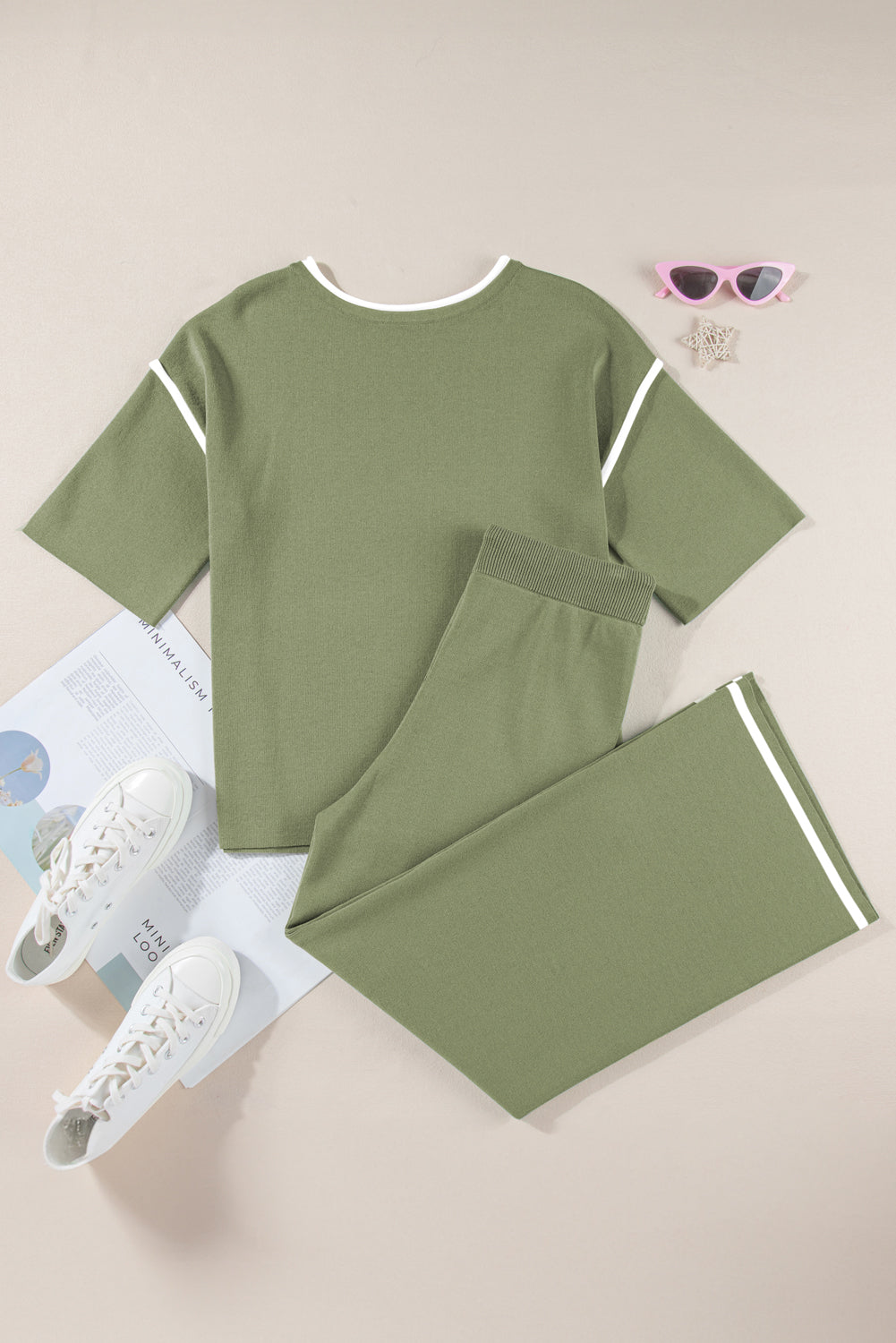 Guacamole Green Loose Contrast Trim Half Sleeve Top and Drawstring Pants Set