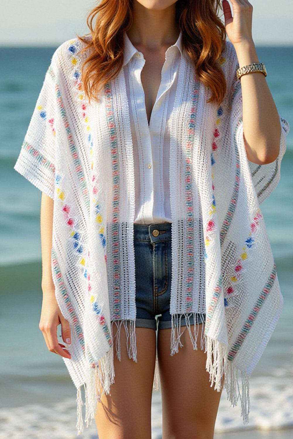 White Tassel Open Front Knit Cover Up