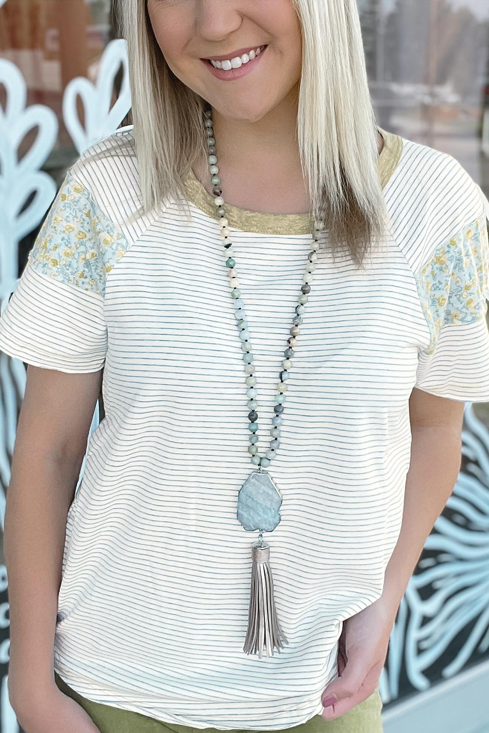 White Striped Floral Patchwork Sleeves Contrast Round Neck T Shirt
