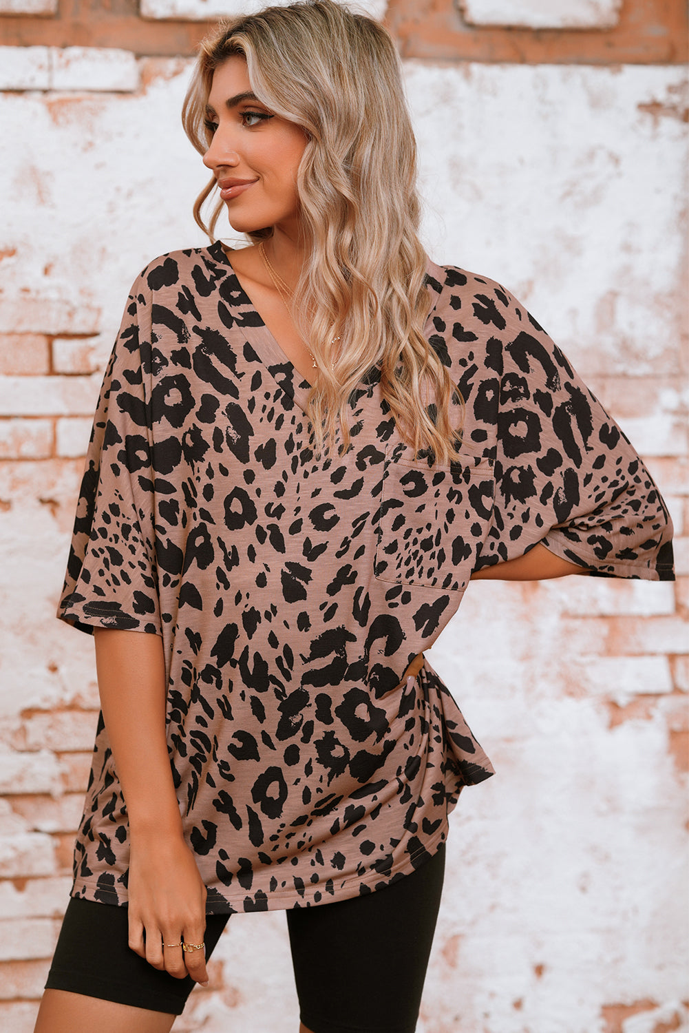 Brown Leopard Print V Neck Half Sleeve Oversized Tee