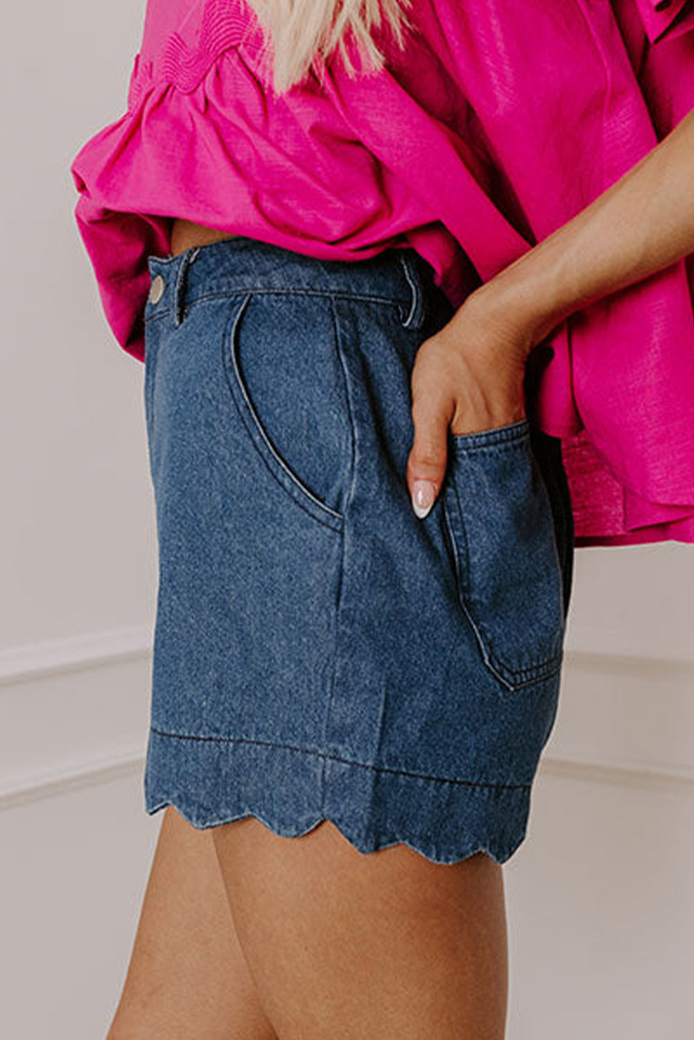 Sail Blue Scalloped Hemline Light Wash Denim Shorts