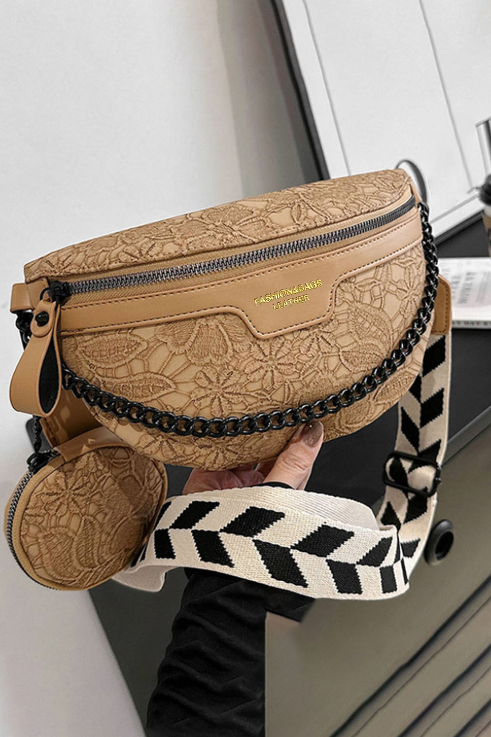 Camel Vintage Floral PU Crossbody Bag with Coin Purse