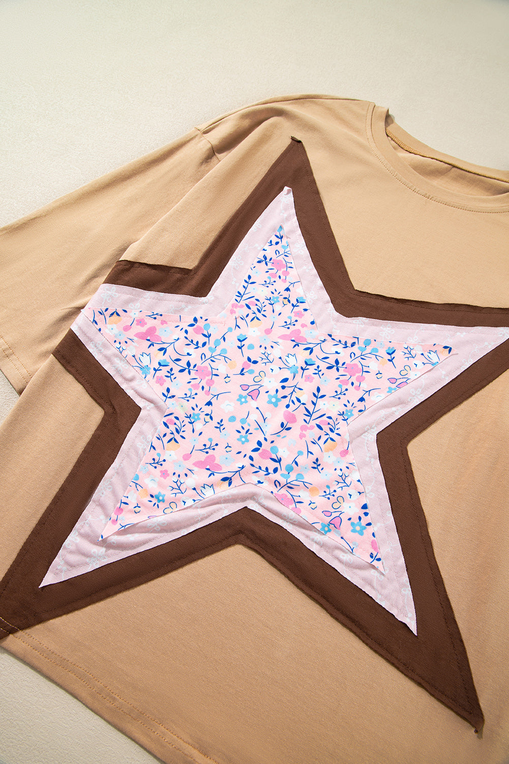 Camel Floral Star Patched 3/4 Sleeve T Shirt