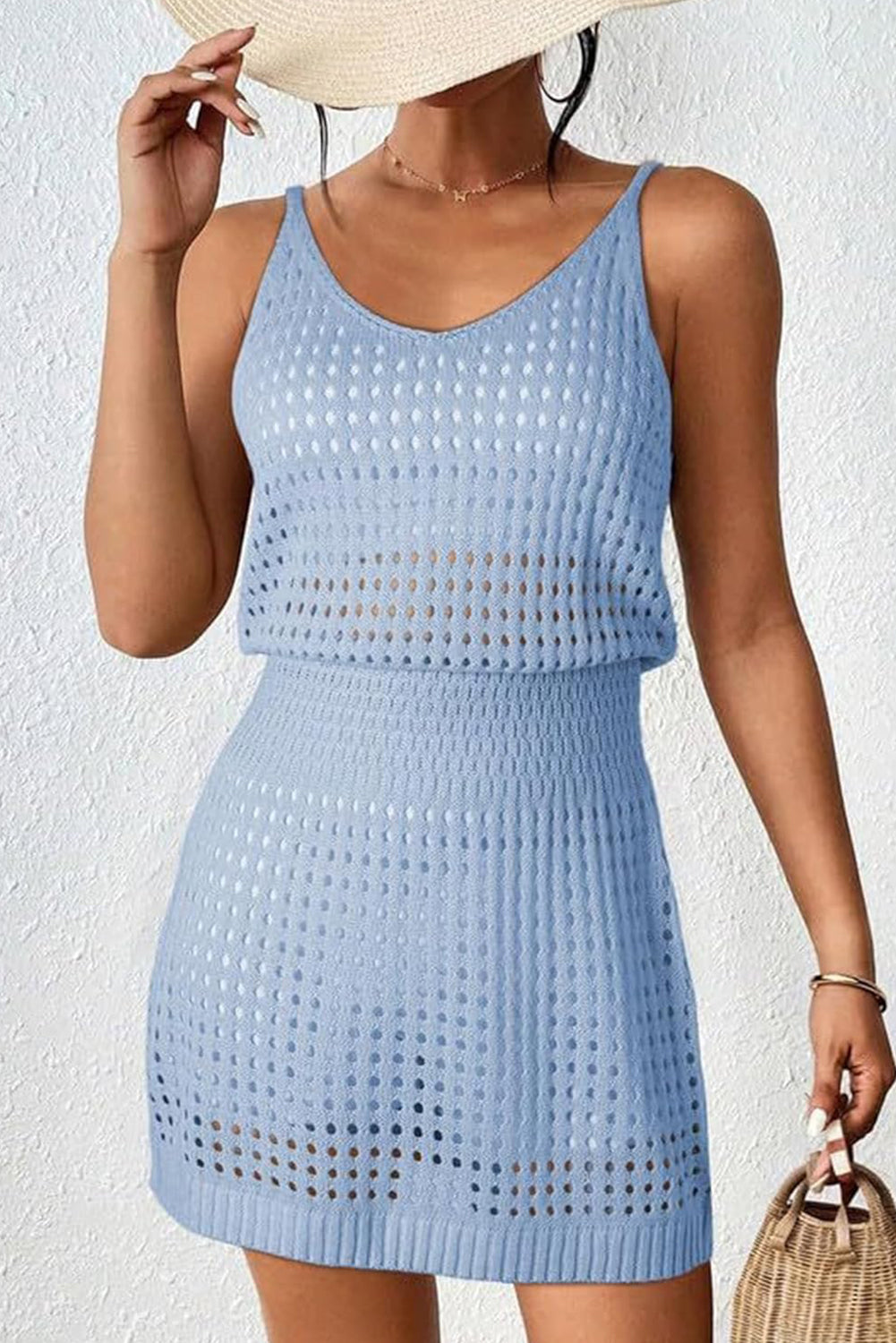 Sky Blue Hollow Out Beach Cover Up Dress