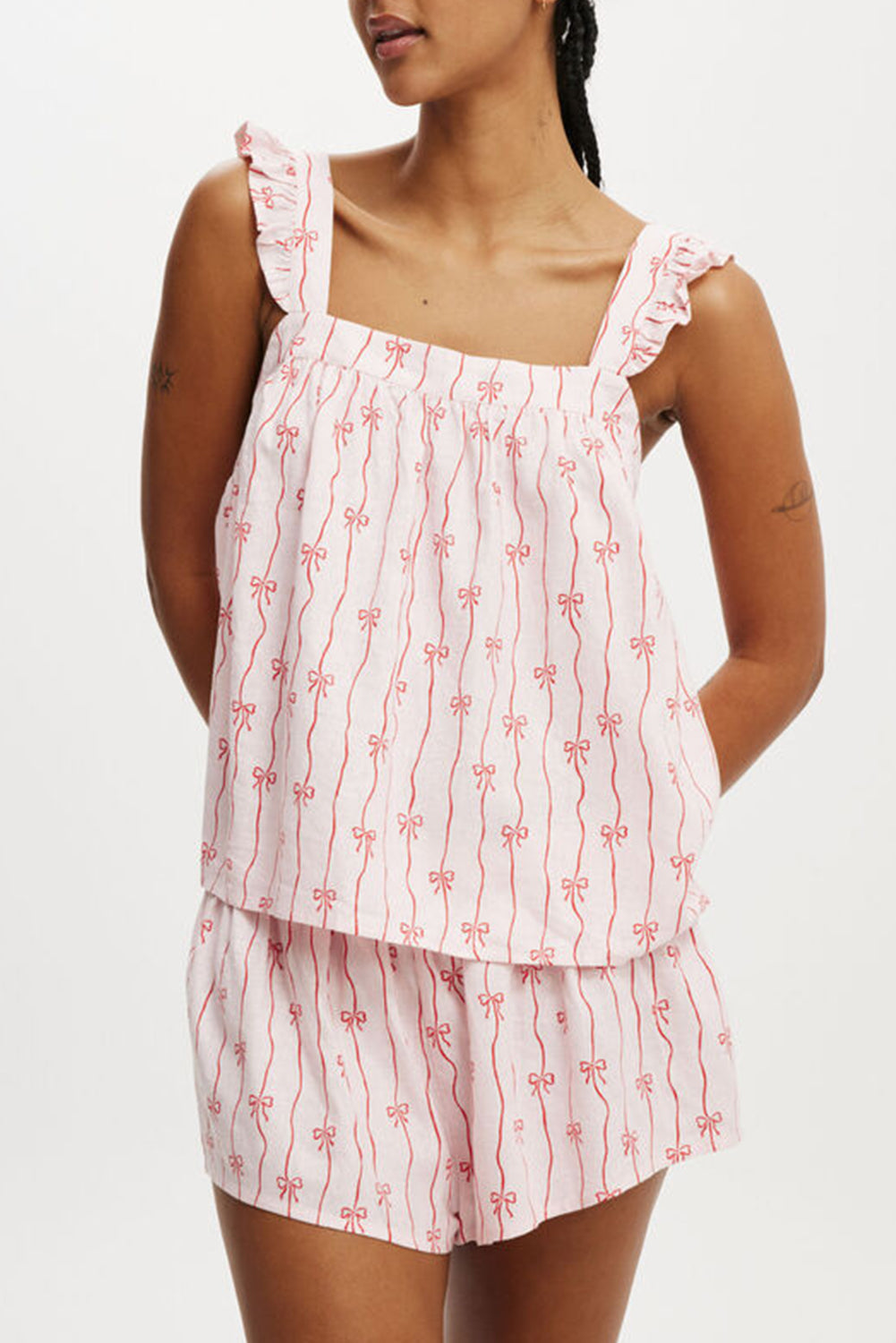 Pink Bow Striped Cami Top and Shorts Set