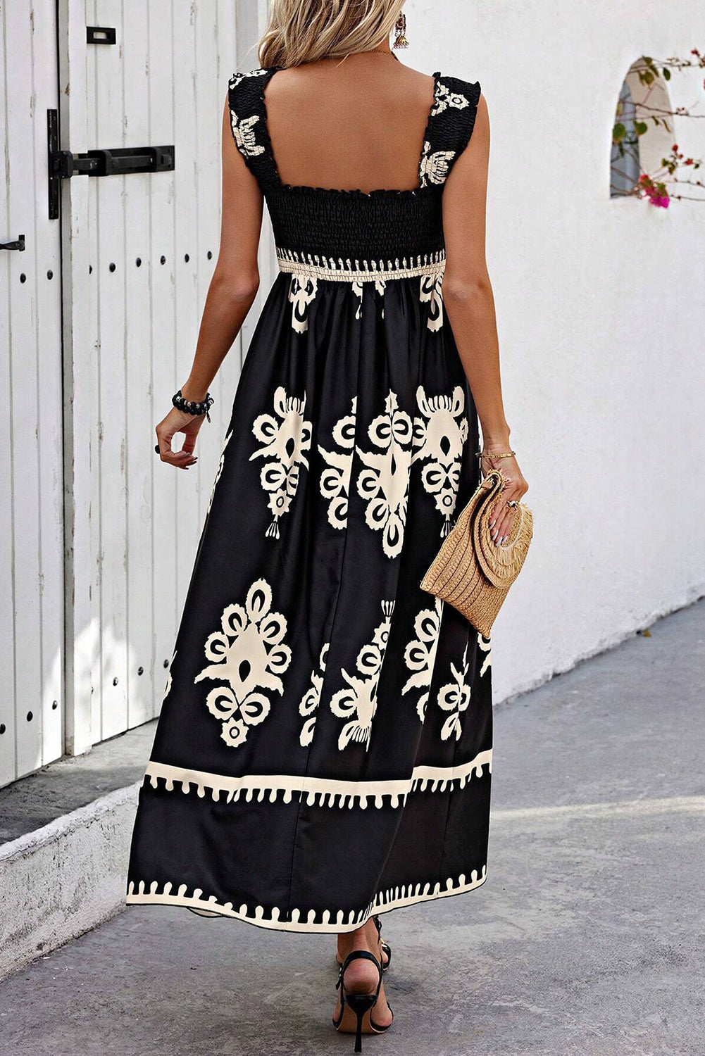 Black Boho Print Smocked Ruffle Sleeveless Maxi Dress
