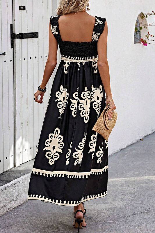 Black Boho Print Smocked Ruffle Sleeveless Maxi Dress