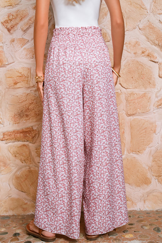 Pink Floral Shirred Side Slit Wide Leg Pants