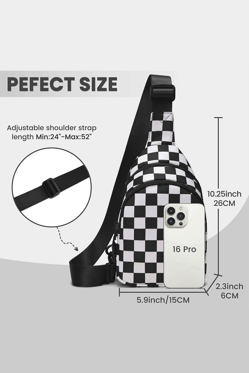 Black Checkered Print Zip Front Crossbody Bag