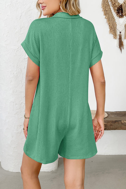 Grass Green Lapel Button Loose Pocket Short Sleeve Romper