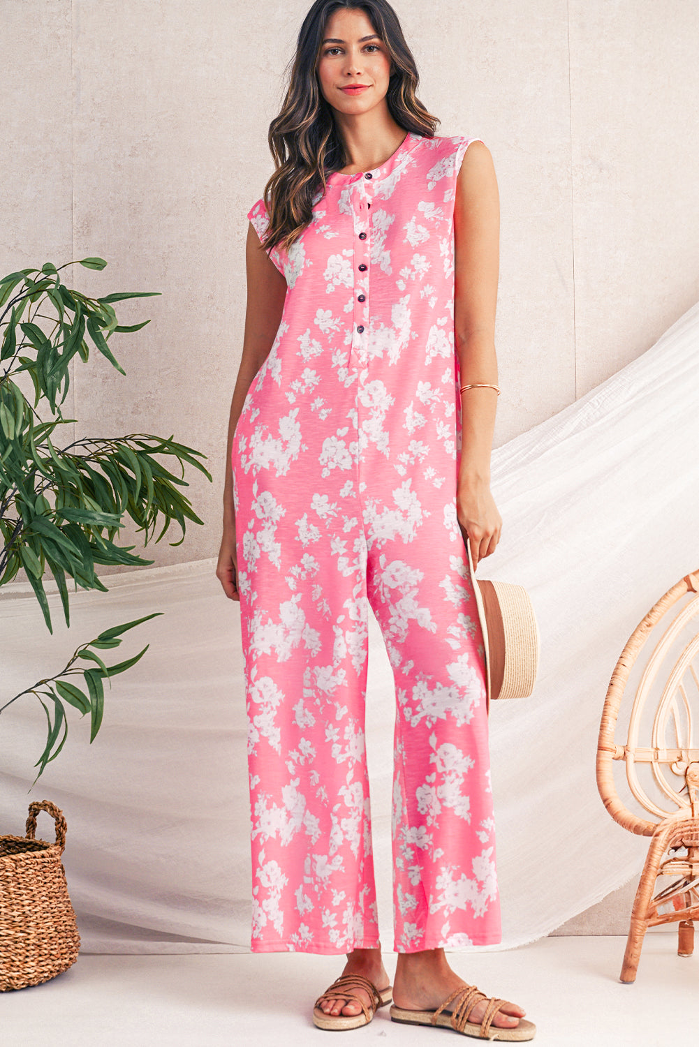 Pink Floral Print Sleeveless Wide Leg Jumpsuit